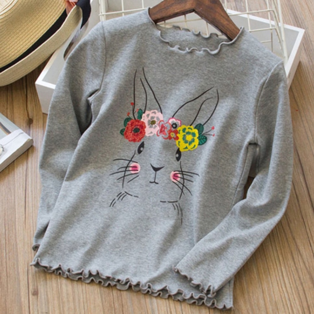 Long Sleeve Ruffle Rabbit Graphic Top Gray Tshirts - Picture 2 of 4